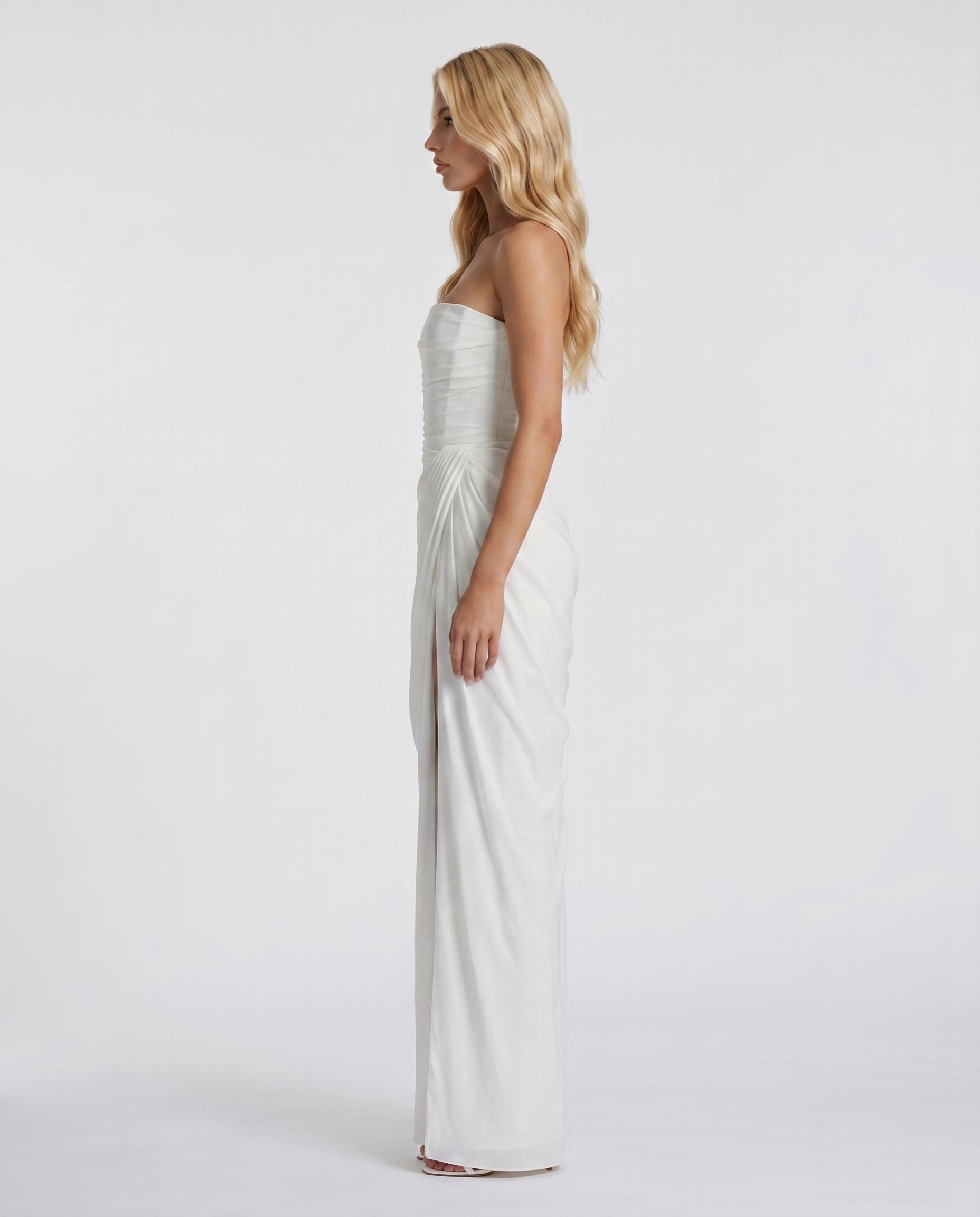 Women's white sloane strapless maxi dress, side view