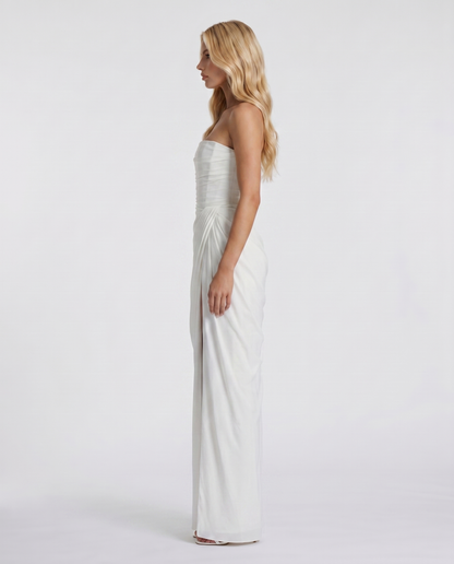 Women's white sloane strapless maxi dress, side view