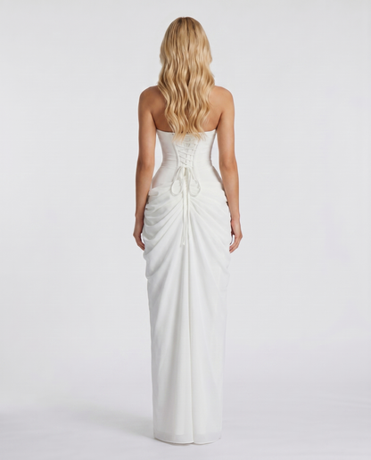 Women's white sloane strapless maxi dress, detail view