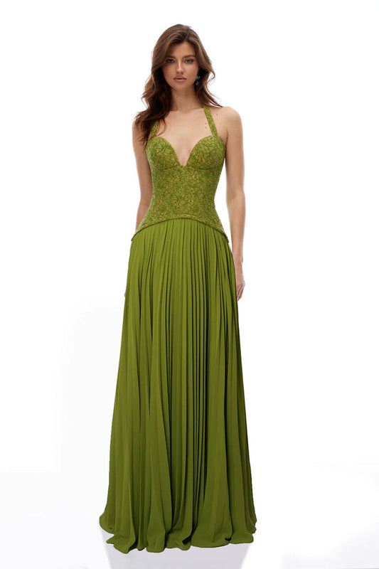 Women's green liliana lace maxi dress, front view
