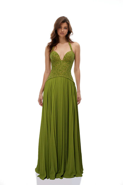 Women's green liliana lace maxi dress, back view