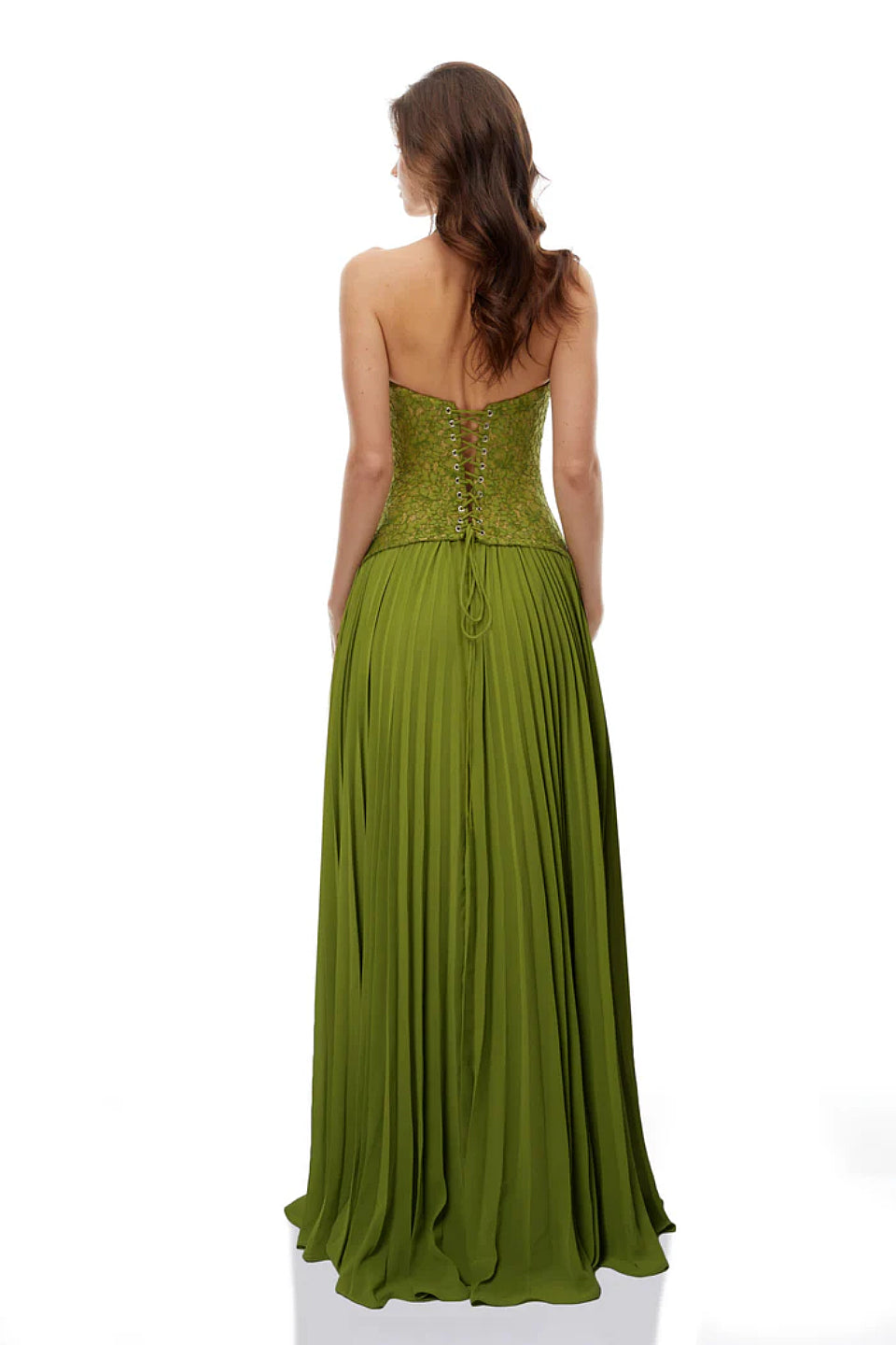 Women's green liliana lace maxi dress, styled view